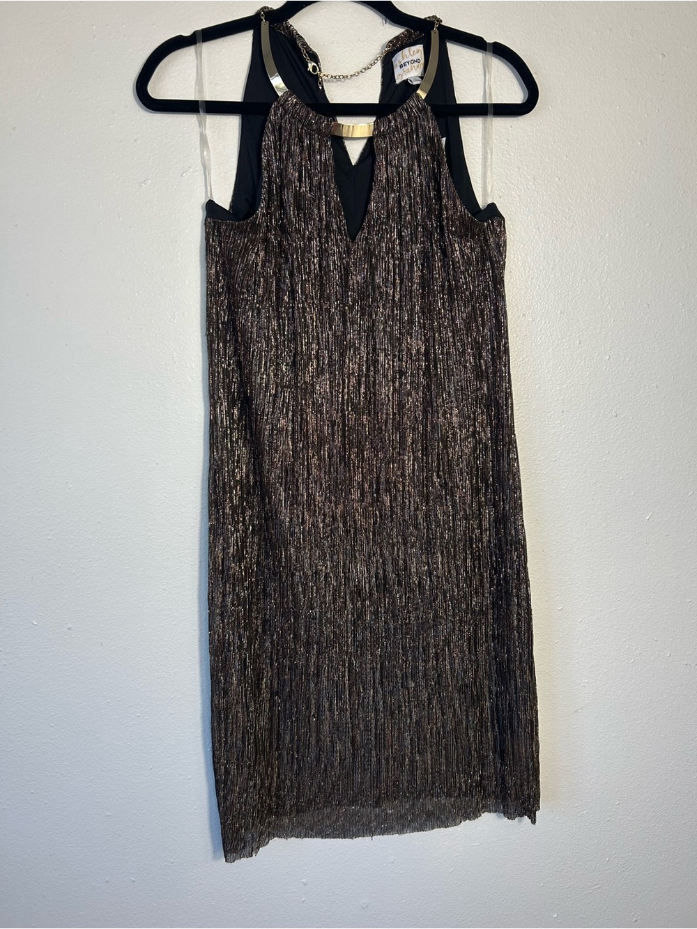 NWT Beyond by Ashley Graham Dressbarn Pleated Metallic Shift Dress Gold Black 6